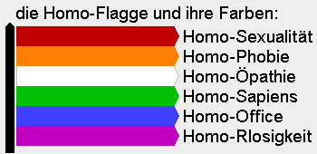 Bild = Regenbogen-Flagge // Text = die Homo-Flagge und ihre Farben: Rot = Homo-Sexualitt, Orange = Homo-Phobie, farblos = Homo-pathie, Grn = Homo-Sapiens, Blau = Homo-Office, Lila = Homo-Rlosigkeit